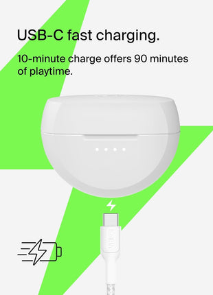 Belkin SoundForm Rhythm True Wireless Earbuds with Built-in Microphone, USB-C Fast Charging, 28H Battery Life, IPX5 Water Resistance - Bluetooth Earbuds for iPhone, iPad, Galaxy, Pixel, & More - White