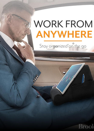 Brookstone Tablet Lap Cushion - Tablet and Phone Holder for Bed, Flights, and Travel, Two Angled Memory Foam Lap Desk for Reading and Hands Free Viewing, Compatible iPad and Kindle Accessories, Black