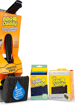 Scrub Daddy BBQ Daddy Grill Cleaner Kit - Bristle Free Grill Brush with Refill + 2 Steel Scour Daddy Grill Sponges - Built-in Grill Scraper - Temperature Controlled Grill Cleaning Tools (4 Count)