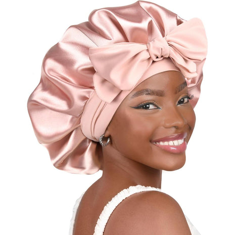 YANIBEST Silk Bonnet for Sleeping Women Satin Bonnet Double Layer Satin Lined Hair Bonnet with Tie Band Curly Hair Blush Pink