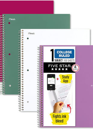 Five Star Spiral Notebook  Study App, 4 Pack, 1 Subject, College Ruled Paper, 8-1/2 inch x 11 inch, 100 Sheets, Fights Ink Bleed, Water Resistant Cover, Amethyst Purple, Raspberry Pink, White and Seaglass Green (820337-ECM)