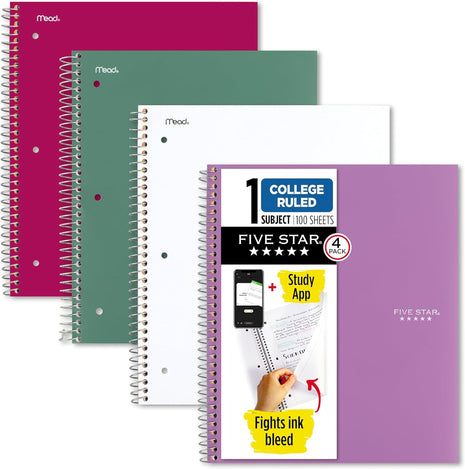 Five Star Spiral Notebook  Study App, 4 Pack, 1 Subject, College Ruled Paper, 8-1/2 inch x 11 inch, 100 Sheets, Fights Ink Bleed, Water Resistant Cover, Amethyst Purple, Raspberry Pink, White and Seaglass Green (820337-ECM)
