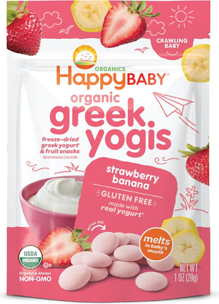 Happy Baby Organics Baby Snacks, Greek Yogis, Freeze Dried Yogurt & Fruit Snacks, Gluten Free Snack for Babies 9+ Months, Strawberry & Banana, 1 Ounce