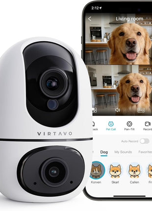 VIRTAVO Pet Camera Indoor WiFi 6, No Subscription, for Dogs Cats | Dual Band 2.4/5GHz, 360° Auto Tracking, Pet Call, Dual Lens, 2-Way Audio, Night Vision, SD & Cloud, Wired