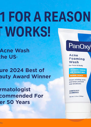 PanOxyl 10% Benzoyl Peroxide Acne Foaming Wash, Maximum Strength, Daily Acne-Fighting Face and Body Cleanser, Face Wash to Clear, Treat and Prevent Acne Pimples and Stubborn Breakouts, 5.5 Oz Tube
