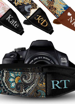 Camera Strap - Shoulder, Crossbody & Neck Camera Strap for Photographers, Fits All Cameras, Canon Nikon Sony Fujifilm, Padded Strap W/ Quick Release, Embroidered Cotton & Leather Ends, Blue