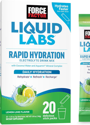Force Factor Liquid Labs Electrolytes Powder Packets | Hydration Packets to Make Electrolyte Water, 5 Electrolytes, Vitamins, Minerals & Antioxidants, Lemon-Lime, 20 Stick Packs