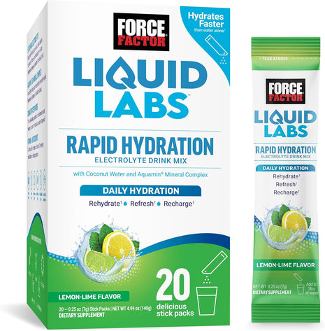 Force Factor Liquid Labs Electrolytes Powder Packets | Hydration Packets to Make Electrolyte Water, 5 Electrolytes, Vitamins, Minerals & Antioxidants, Lemon-Lime, 20 Stick Packs