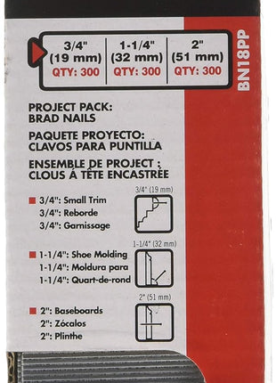 PORTER-CABLE Brad Nails, Project Pack, 18GA, 300 x 5/8 in., 300 x 1-1/4 in., 300 x 2 in. 900-Pack (BN18PP)