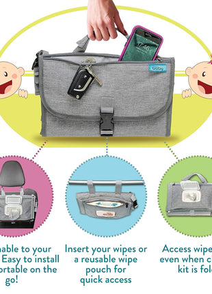 Kopi Baby Portable Diaper Changing Pad - Baby Diaper Changer Travel Bag with Wipes Pocket, Smart Design Portable Changing Mat, Infant Travel Station Kit, Gift for Newborn Girl & Boy - Grey, Classic