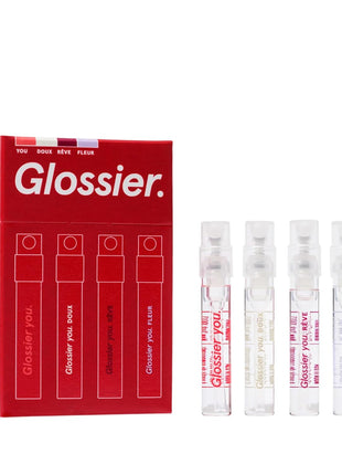 Glossier You Mini Wardrobe Fragrance Set - 4 Unisex Travel Size Eau de Parfum for Women & Men - Skin-Scent Enhancer Perfume Sampler, Smells Different on Everyone - You, Fleur, Doux, Rêve - 1.5ml Each