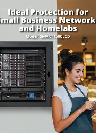 Tripp Lite SMART1500LCD 1500VA Rack Mount UPS Battery Backup, 900W, 8 Outlets, PWM Sine Wave, Short Depth 2U Rackmount UPS, AVR, LCD Screen