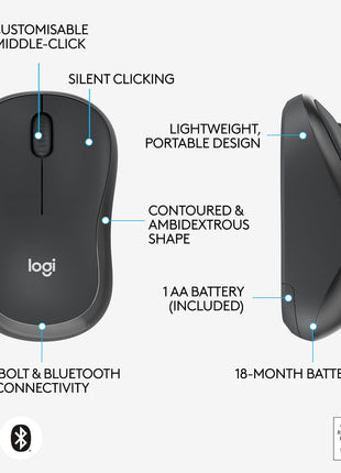 Logitech M240 for Business Silent Wireless Mouse, Secure Logi Bolt USB Receiver, Bluetooth, Globally Certified for Windows, Mac, Chrome, Linux, iPadOS, Android - Graphite