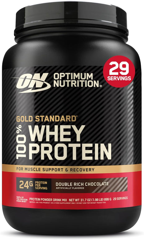 Optimum Nutrition Gold Standard Whey Protein, Double Rich Chocolate, 2 LB | 24g of 100% Whey Protein Powder Per Serving, with BCAAs, Gluten Free, Banned Substance Tested, Easy Mixing, Muscle Support