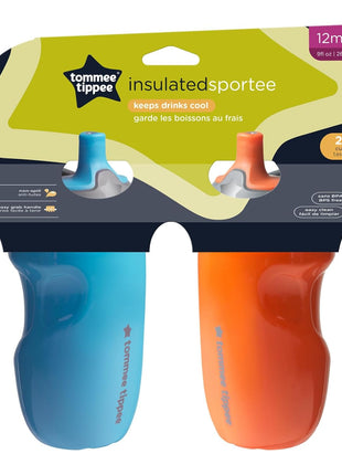 Tommee Tippee Insulated 9oz Sporty Spout Toddler Water Bottle, No Spill Sippy Cups for Toddlers 1-3, Two-Piece Valve Helps Stop Spills, Orange and Blue, BPA Free, Pack of 2