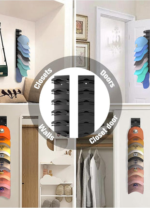 Hat Organizer for Baseball Caps 2Pack, Hat Rack for Wall with Strong Adhesive Hold up to 20 Hats, Hat Hanger Holder Display for Door Closet, Cap Organizer Storage Multilayer Two Mounting Option(Black)