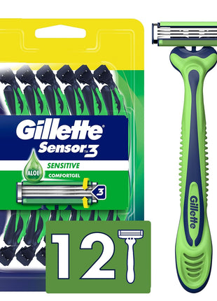 Gillette Sensor3 Sensitive Men's Disposable Shaving Razors, 12 Count