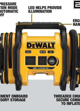 DEWALT Tire Inflator Portable Air Compressor 20V MAX, Car Air Pump with Automatic Shut Off, LED Light, Tool Only (DCC020IB)