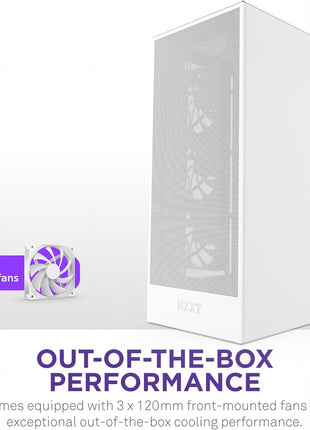 NZXT H7 Flow - Mid-Tower ATX Airflow PC Case - White | Airflow-first ATX mid-tower. Bottom-mount fans for direct GPU cooling, 420mm front radiator support, clean cable routing.