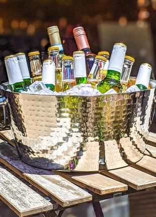 BREKX Insulated Hammered Stainless Steel Beverage Tub & Ice Bucket, 12QT | Double-wall insulated tub keeps beer, wine and champagne chilled. Double-hinged handles make carrying easier.