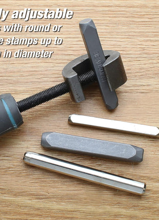 The Beadsmith Metal Stamp Holder, 6 inches, Metal Stamping Tool, with Grey & Aqua Textured Comfort Grip Handle, Holds Stamps in Place with a Safe and Secure Grip.