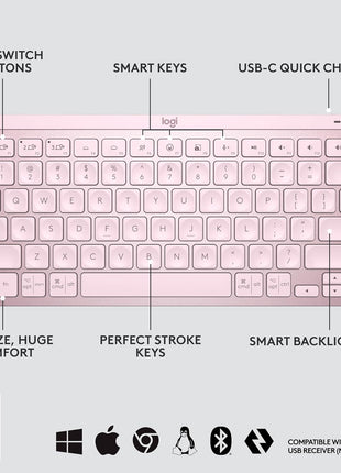 Logitech MX Keys Mini Minimalist Wireless Illuminated Keyboard - Rose | Minimalist, wireless, illuminated, compact, backlit, USB-C, compatible with macOS, iOS, Windows, Linux, Android, metal build