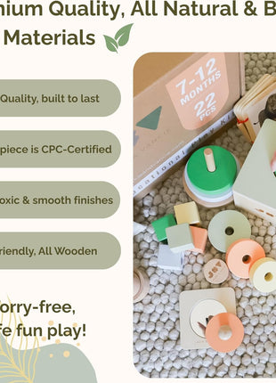 Jackie & Vancie Montessori Toy Set for Babies 7-12 Months Play Kit 6-in-1 Wooden Learning Toys with Object Permanence Box, Ring Stacker, Egg & Cup, Multipurpose Blocks and Mirror Puzzle