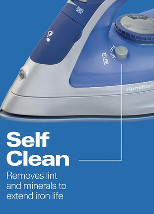 Hamilton Beach Steam Iron For Clothes With Adjustable Steam Settings | Scratch-Resistant Durathon Soleplate | 8' Retractable Cord | 3-Way Auto Shutoff | Anti-Drip | 1500 Watts | Blue