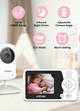 VTimes Baby Monitor with Camera and Audio, No WiFi, 2.4inch LCD Screen, Two-Way Talk, Portable, Night Vision, 1000ft Range, Temperature Sensor, Alarm and Lullaby, for Baby Shower