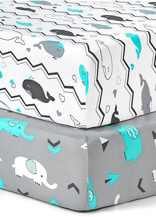 Pack n Play Sheets, BROLEX 2 Pack Mini Crib Sheets,Stretchy Portable Fitted Playard Sheet Set, Convertible Playard Mattress Cover,Ultra Soft Breathable Material,Elephant Whale