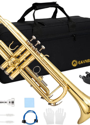 Eavnbaek Bb Standard Trumpet Set for Beginner or Advanced Student, Brass Student Trumpet Instrument with Hard Case, Cleaning Kit, 7C Mouthpiece and Gloves (Gold)