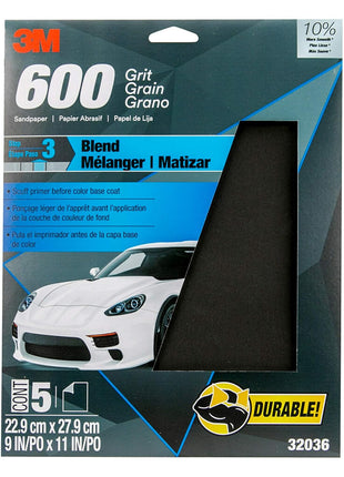 3M Wetordry Sandpaper, 32036, 600 Grit, 9 in x 11 in, 5 Sheets Per Pack