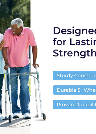 Drive Medical Two-Button Folding Walker with Wheels, Height Adjustable | Two-Button Rolling Walker Features Dual Push-Button Operation, Adjustable Height and Durable Aluminum Frame