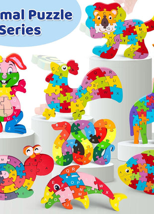 LovesTown Wooden Double Sided Snake Puzzle | Alphabet & Numbers, Montessori Educational, Chunky Animal Design, For Toddlers, Great Learning Gift
