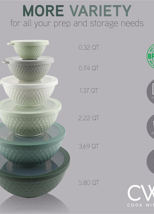 COOK WITH COLOR Mixing Bowls with Lids   12 Piece Plastic Nesting Bowls Set includes 6 Prep Bowls and 6 Lids, Non Slip Bottom and Embossed Design   Microwave Safe (Sage)
