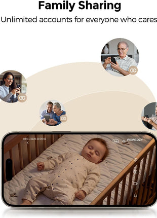 Momcozy Smart Baby Monitor, 2K HD Contact-Free Baby Camera, Table & Floor Stand, AI-Powered Notifications for Cry & Sound & Motion, Sleep Activity Log, 2-Way Audio, Night Vision, 2.4/5GHz WiFi, BM08