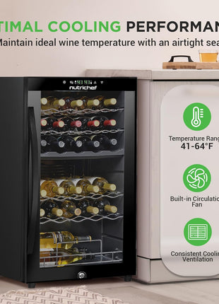 Nutrichef 33 Bottle Wine Fridge | Dual Zone Wine Cooler | Adjustable Temperature Control 41°F to 64°F | Ultra Quiet Operation | Freestanding Wine Chiller for Home & Office | 33x19x17 IN