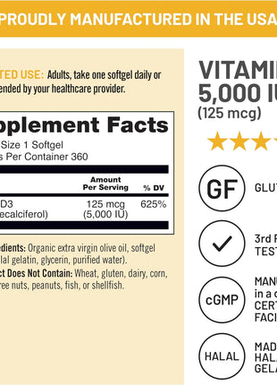 NatureWise Vitamin D3 5000iu (125 mcg) 1 Year Supply for Immune Support, Healthy Muscle Function, and Bone Health   Non GMO, Gluten Free in Organic Extra Virgin Olive Oil, (Mini Softgel), 360 Count
