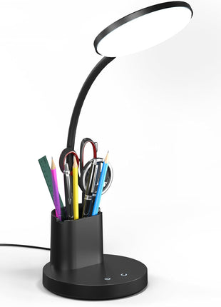 Desk Lamp, LED Desk Lamp for Home Office, Touch Table Lamp with 3 Color Modes 360° Adjustable Arm, Dimmable Desk Light with Pen Phone Holder, Black