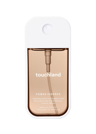 Touchland Body & Hair Vanilla Velvet Hydrating Fragrance Mist Travel Size | TSA ready spray. Gourmand scent of vanilla, coconut flakes, muguet & almond. Hydrates and refreshes skin and hair.