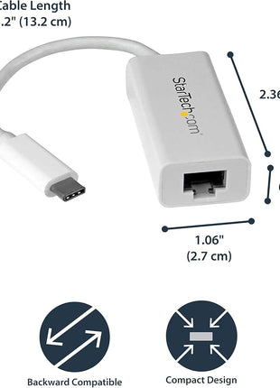StarTech.com USB-C to Gigabit Ethernet Adapter - White - Thunderbolt 3 / 4 Compatible - Windows & Mac - RJ45 LAN Network Converter (US1GC30W)