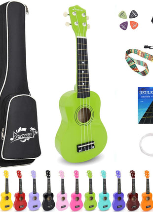 Soprano Ukulele for Kids 21 Inch Hawaiian Wood Ukelele Beginner Kit | Incl. Online Lesson Gig Bag Strap Nylon String Tuner Picks - Green Adult Starter Ukalalee Set Student Ukalelee Christmas Gift