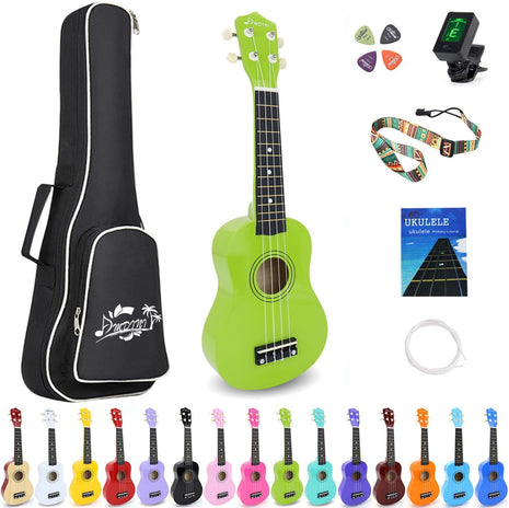 Soprano Ukulele for Kids 21 Inch Hawaiian Wood Ukelele Beginner Kit | Incl. Online Lesson Gig Bag Strap Nylon String Tuner Picks - Green Adult Starter Ukalalee Set Student Ukalelee Christmas Gift