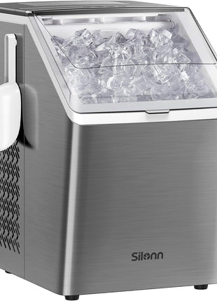 Silonn Ice Makers Countertop, 44lbs Per Day, 2 Ways to Add Water, Auto Self-Cleaning, Stainless Steel Ice Machine for Home Office Bar Party