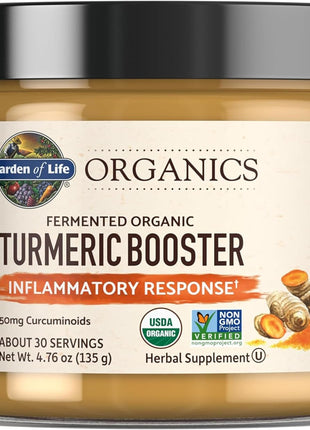 Garden of Life Organics Turmeric Booster Inflammatory Response Powder - 30 Servings, 50mg Curcumin (95% Curcuminoids) & Probiotics, Organic Non-GMO Vegan & Gluten Free Herbal Supplements