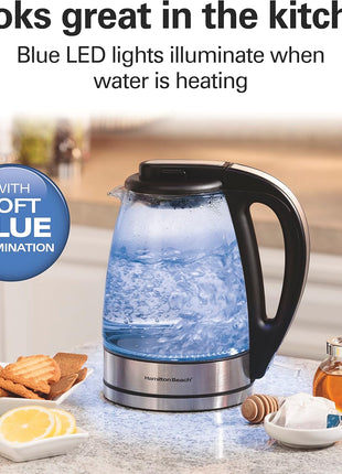 Hamilton Beach 1 Liter Electric Tea Kettle, Water Boiler & Heater | Fast Boiling 1500 Watts | BPA Free | Cordless Serving | Auto-Shutoff & Boil-Dry Protection | Blue LED | Clear Glass