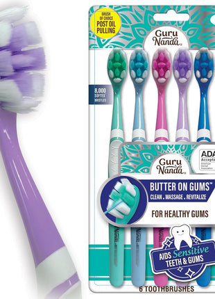 GuruNanda Butter On Gums Toothbrush, ADA Accepted, With 8000 Ultra Soft Softex Bristles for Sensitive & Receding Gums, Perfect for Whiter Teeth, 6 Ct