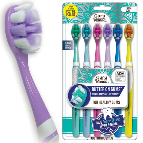 GuruNanda Butter On Gums Toothbrush, ADA Accepted, With 8000 Ultra Soft Softex Bristles for Sensitive & Receding Gums, Perfect for Whiter Teeth, 6 Ct