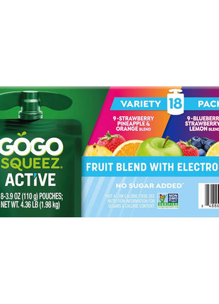 GoGo squeeZ Active Fruit Blend with Electrolytes | 18-Count Variety Pack | Blueberry Strawberry Lemon & Strawberry Pineapple Orange | Made with Real Fruit and Antioxidants Vitamin A, E, & C?