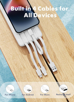 charmast Portable Charger with Reinforced Built-in 4 Cables,10000mAh Power Bank Travel Essentials 6 Outputs 3 Inputs 3A Fast Charging Compatible with iPhone iPad Samsung Google Pixel LG Moto etc.